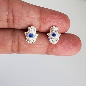 Hamsa Evil Eye Earrings Silver 925 Mexican Stud CZ Blue